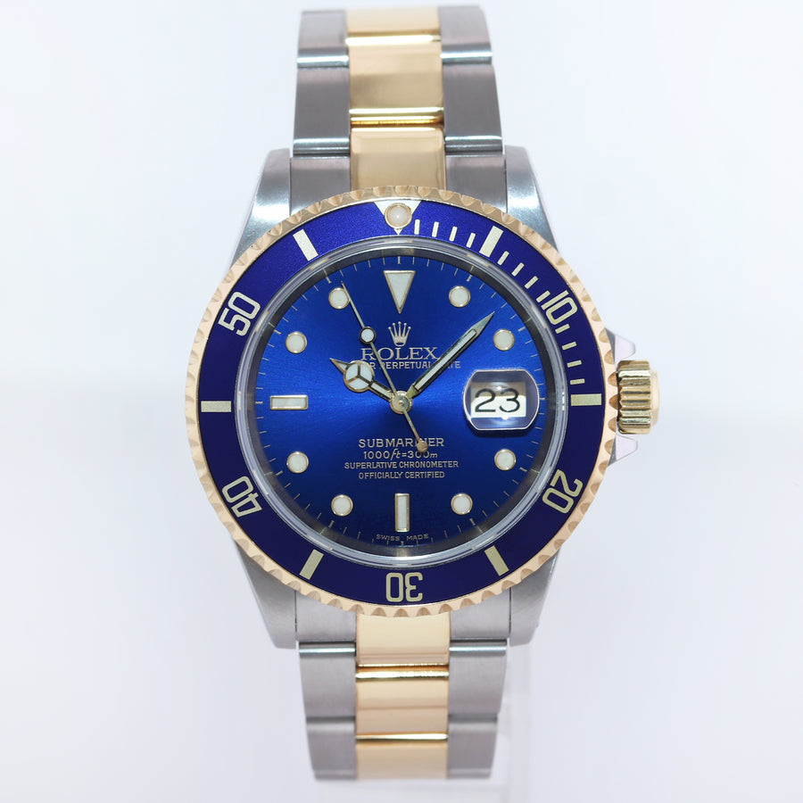 PAPERS 2000 Rolex Submariner 16613 Gold Steel Two Tone Sunburst Blue Watch