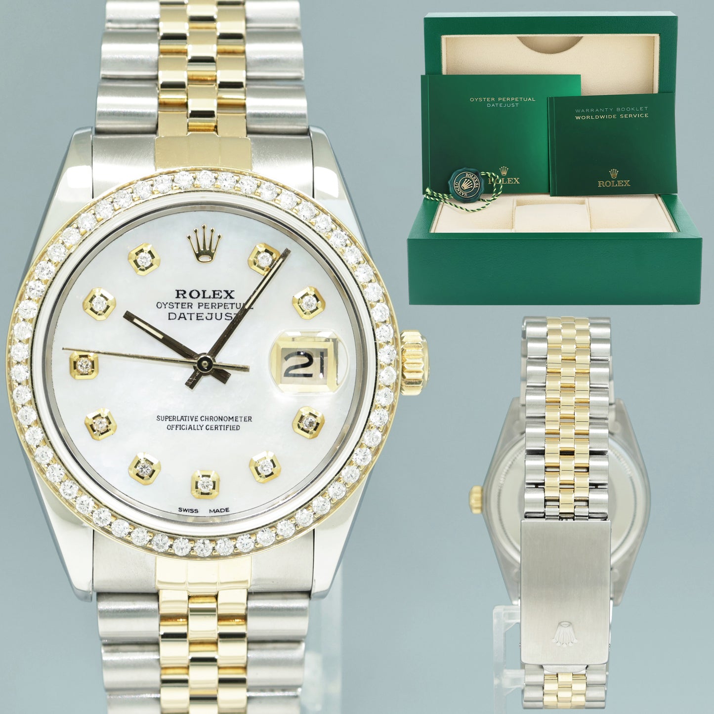 PEARL & DIAMOND BEZEL Rolex DateJust 16013 Two-Tone Yellow Gold Jubilee Watch Box