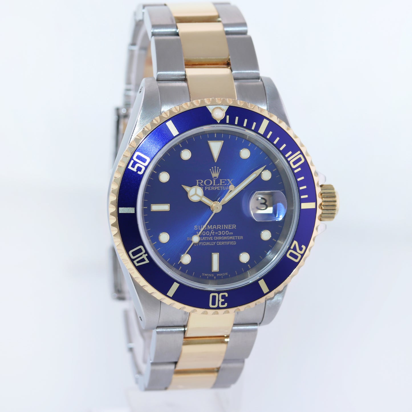 PAPERS 2000 Rolex Submariner 16613 Gold Steel Two Tone Sunburst Blue Watch