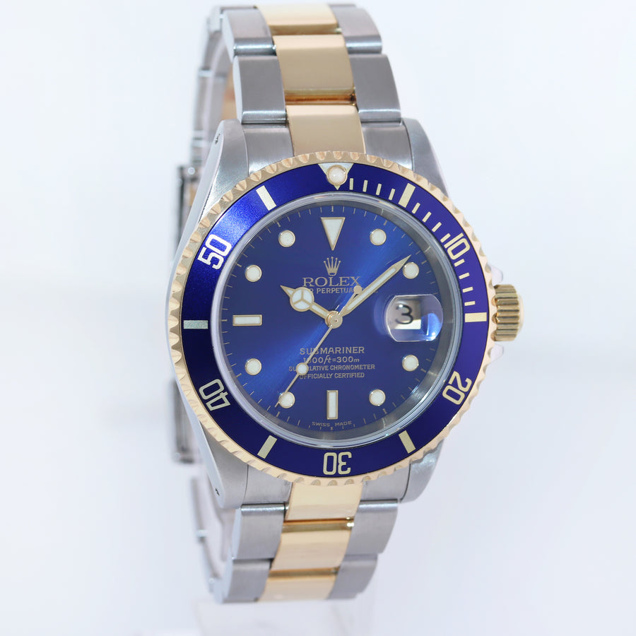 PAPERS 2000 Rolex Submariner 16613 Gold Steel Two Tone Sunburst Blue Watch