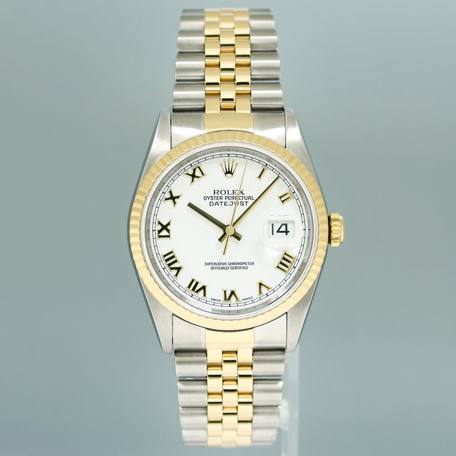 PAPERS MINT Rolex DateJust 36mm White Roman 16233 Two Tone Steel Jubilee Watch Box