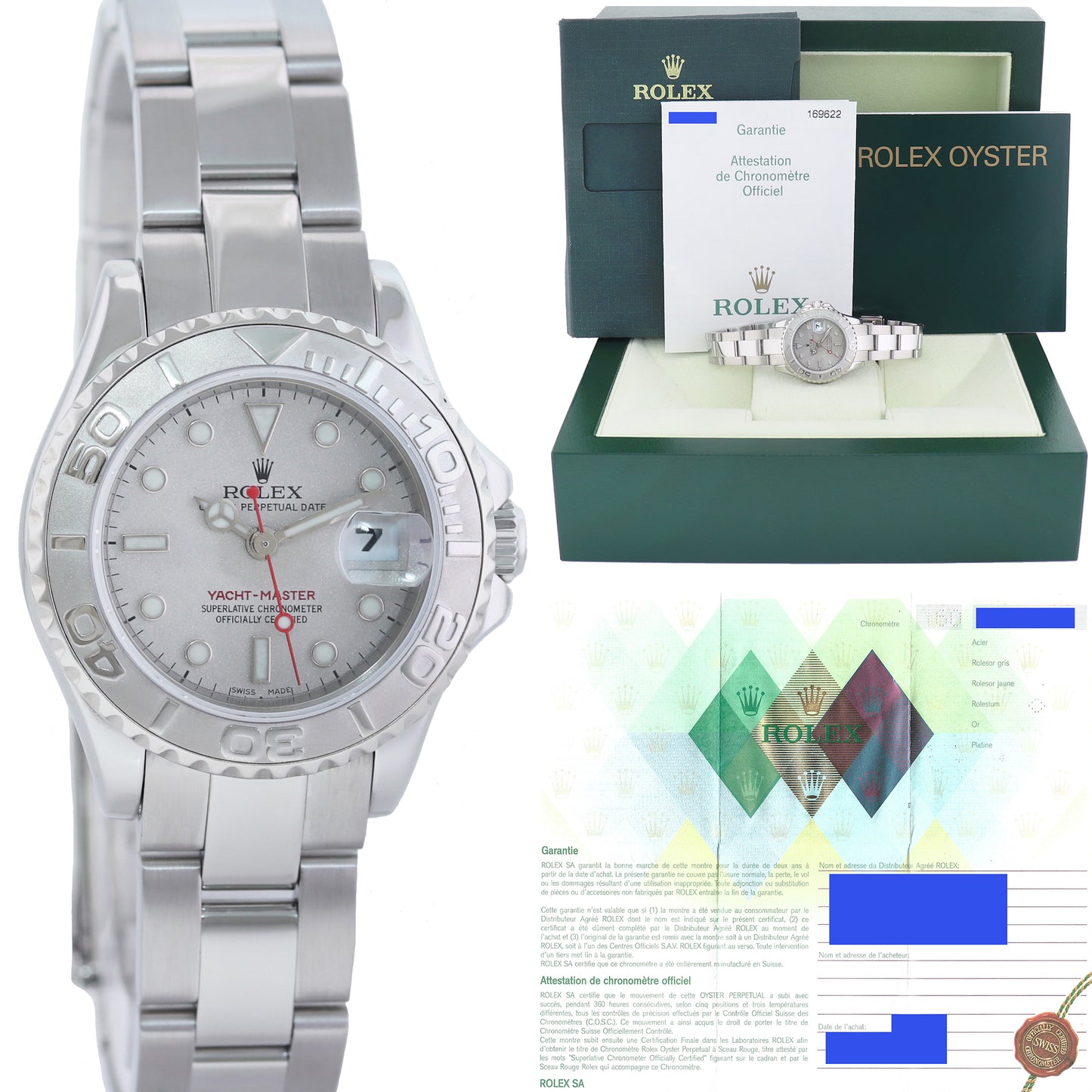 2003 PAPERS MINT Ladies Rolex Yacht-Master Steel 169622 29mm Platinum Watch Box