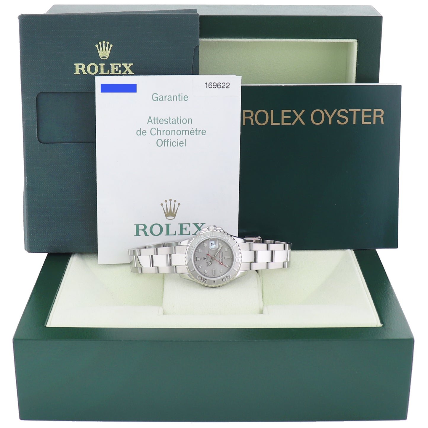 2003 PAPERS MINT Ladies Rolex Yacht-Master Steel 169622 29mm Platinum Watch Box
