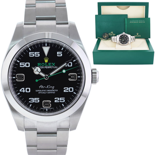 MINT 2021 Rolex Air-King 116900 Black Arabic Dial 40mm Steel Green Watch Box