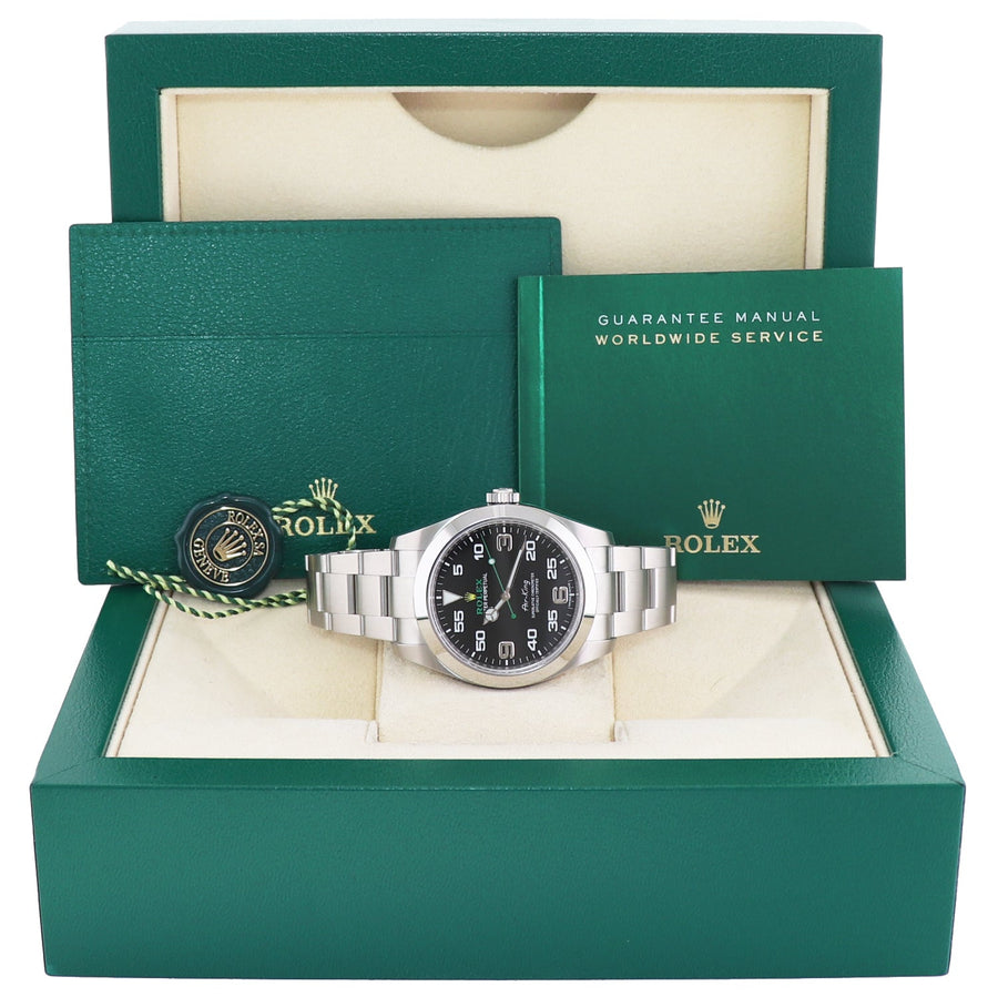 MINT 2021 Rolex 116900 Airking Black Arabic Dial 40mm Steel Green Watch Box