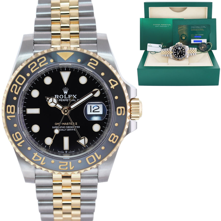 2024 NEW PAPERS Rolex 126713GRNR GMT Master II Gold Two Tone Jubilee Black Watch Box