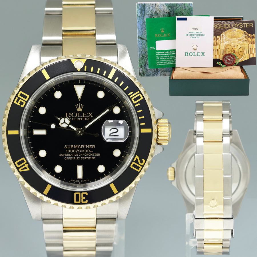 2000 PAPERS MINT GOLD BUCKLE Rolex Submariner 16613 Gold Two Tone Black Watch