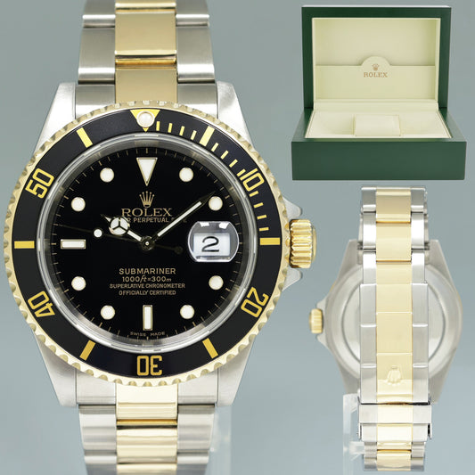 2000 MINT GOLD BUCKLE Rolex Submariner 16613 Gold Steel Two Tone Black Watch Box