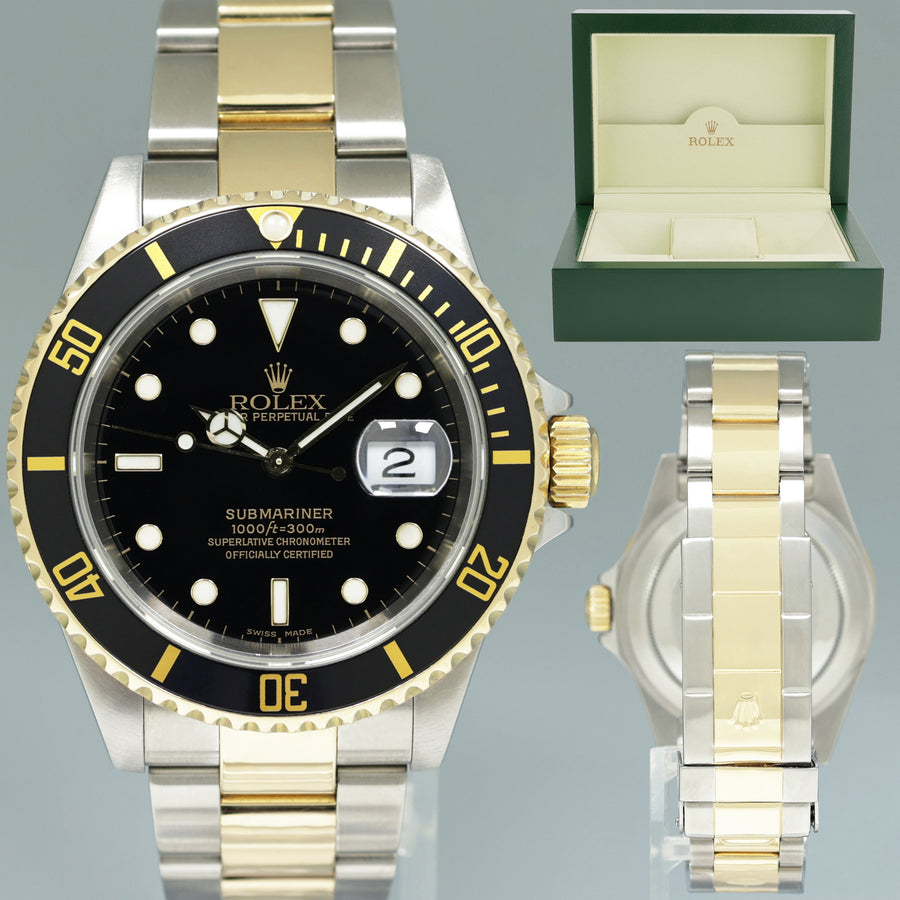 2000 MINT GOLD BUCKLE Rolex Submariner 16613 Gold Steel Two Tone Black Watch Box
