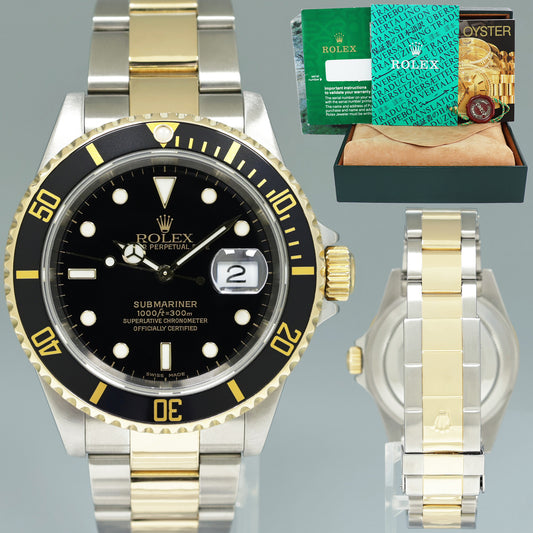 2000 MINT GOLD BUCKLE Rolex Submariner 16613 Gold Steel Two Tone Black Watch Box