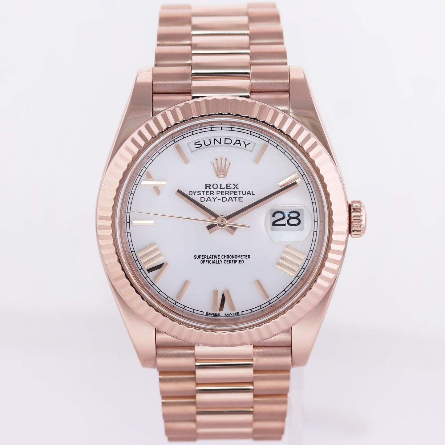 2023 MINT Rolex President 40mm Rose Gold White Roman 228235 Watch Box