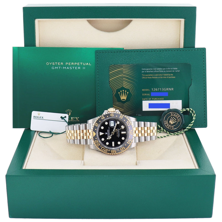 2024 NEW PAPERS Rolex 126713GRNR GMT Master II Gold Two Tone Jubilee Black Watch Box