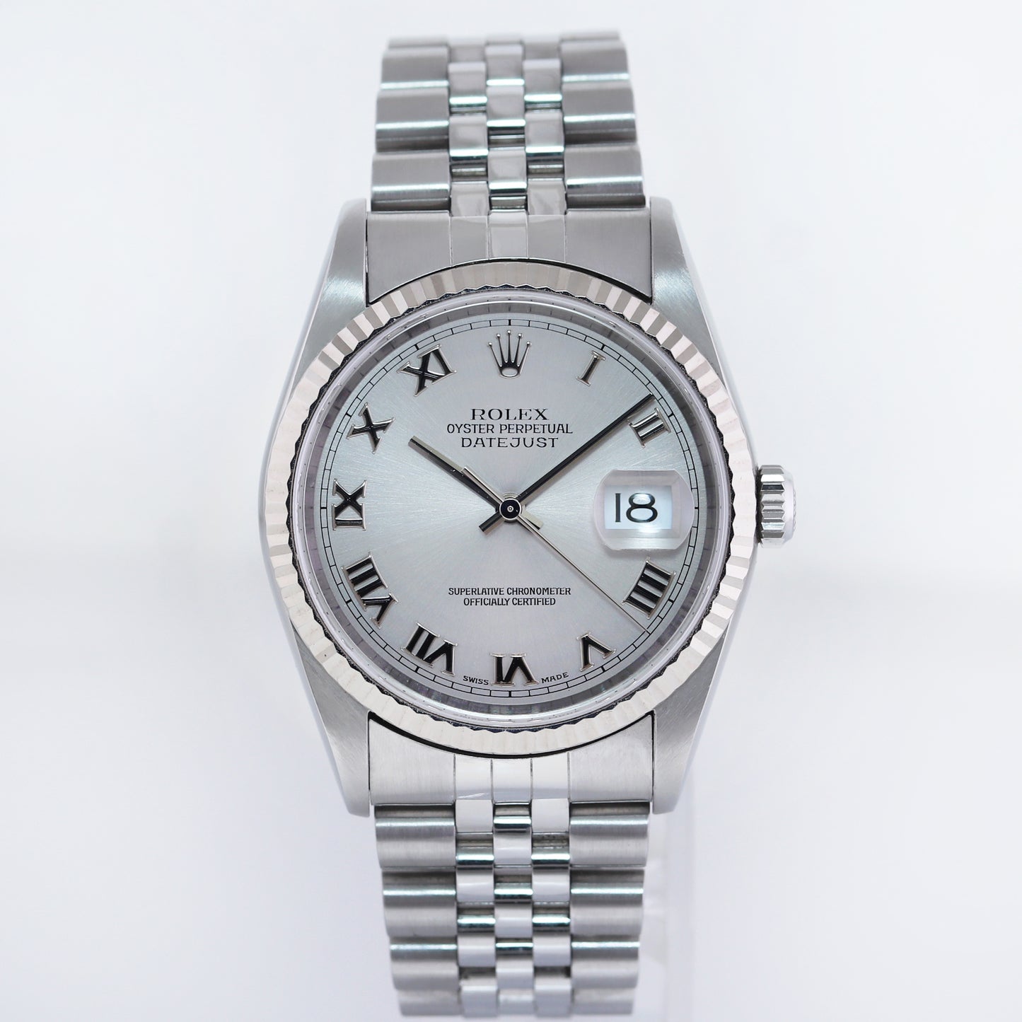 2004 MINT Rolex DateJust 16234 Silver Roman Dial Bezel Jubilee Band 36mm Watch