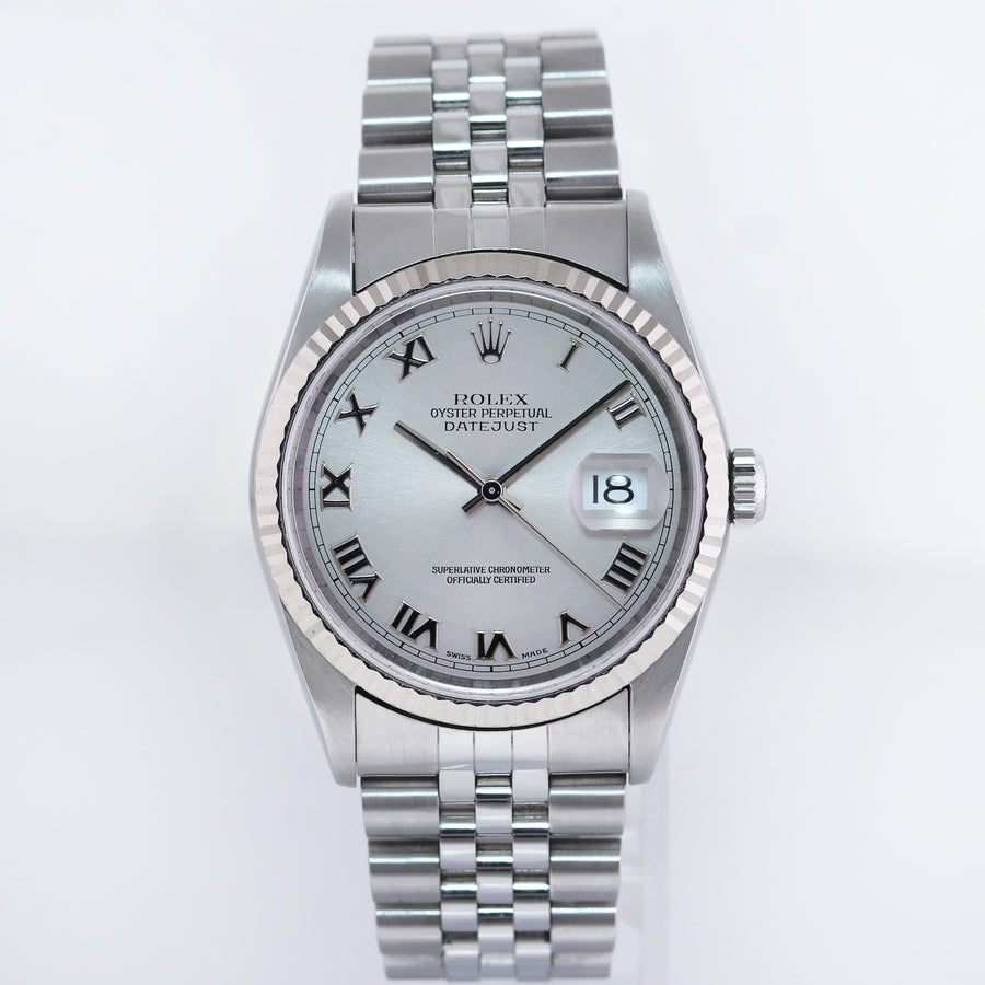 2004 MINT Rolex DateJust 16234 Silver Roman Dial Bezel Jubilee Band 36mm Watch
