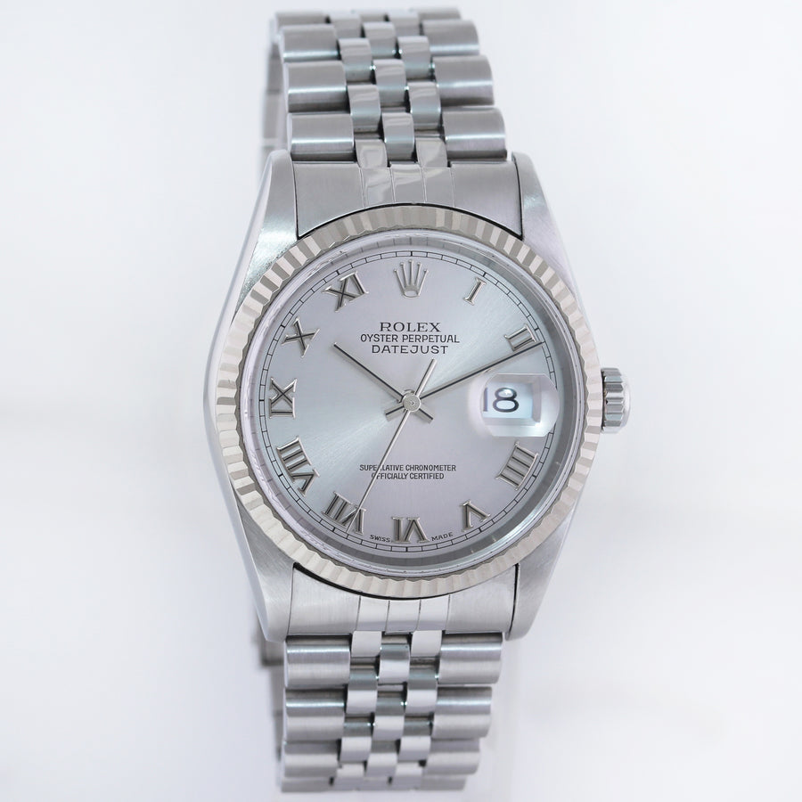 2004 MINT Rolex DateJust 16234 Silver Roman Dial Bezel Jubilee Band 36mm Watch