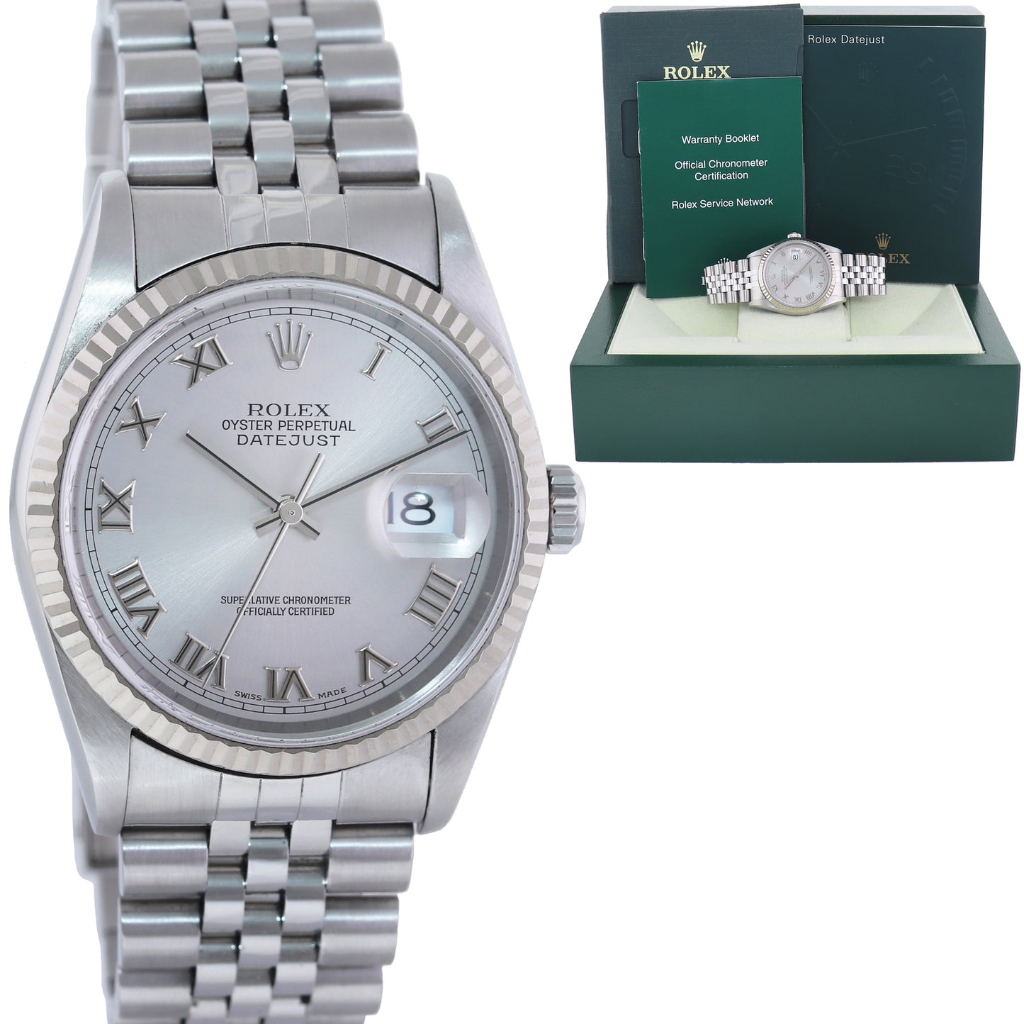 2004 MINT Rolex DateJust 16234 Silver Roman Dial Bezel Jubilee Band 36mm Watch