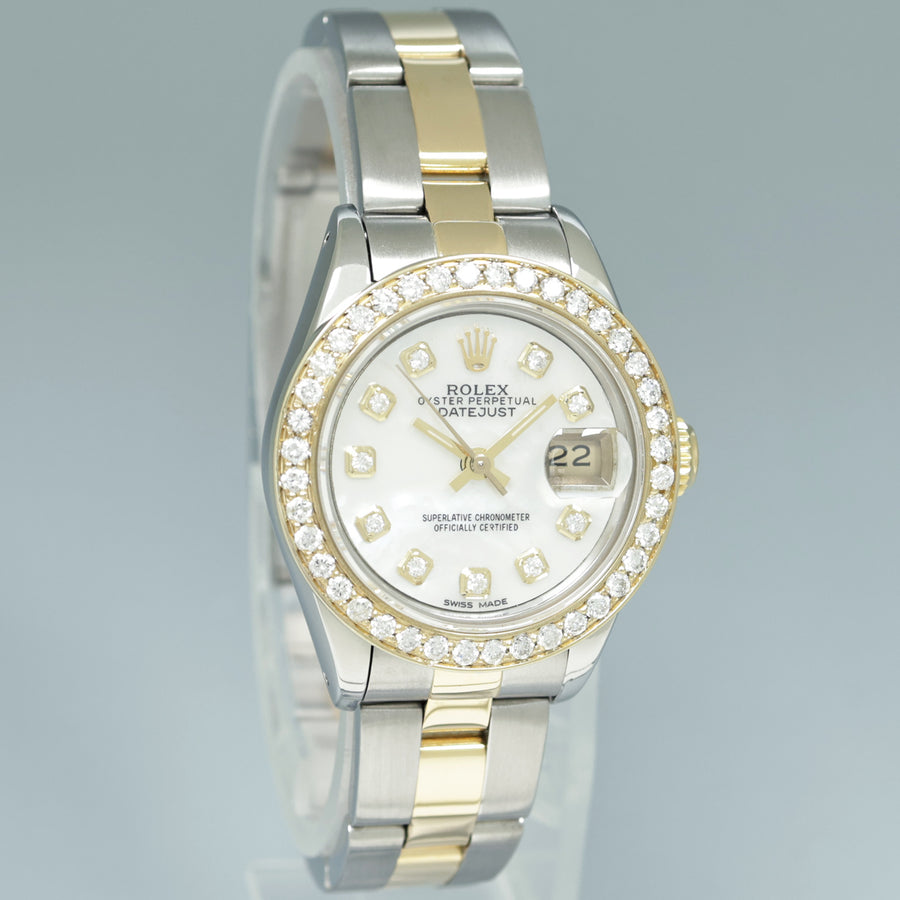 Diamond MOP Pearl Ladies Rolex DateJust 26mm 69173 Two Tone Yellow Gold Steel Watch
