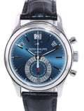 MINT Patek Philippe 5960P Platinum Chrono Blue Leather Annual Calendar 40.5mm Watch