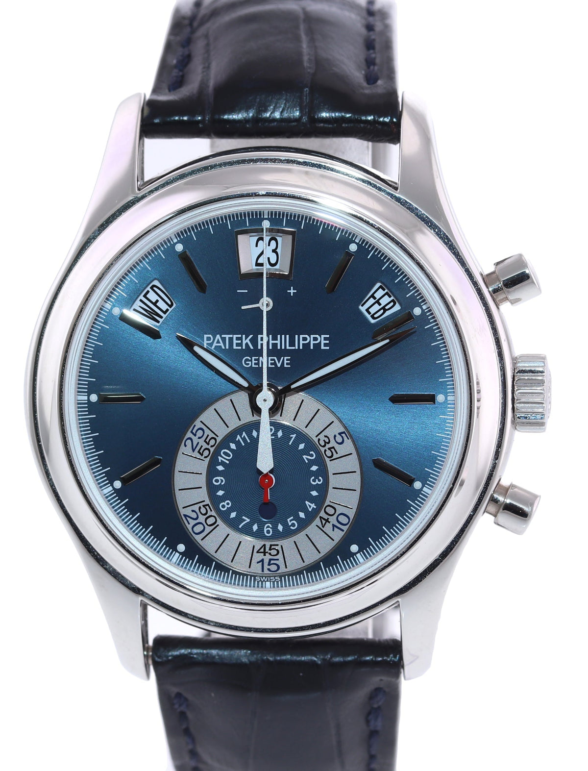MINT Patek Philippe 5960P Platinum Chrono Blue Leather Annual Calendar 40.5mm Watch