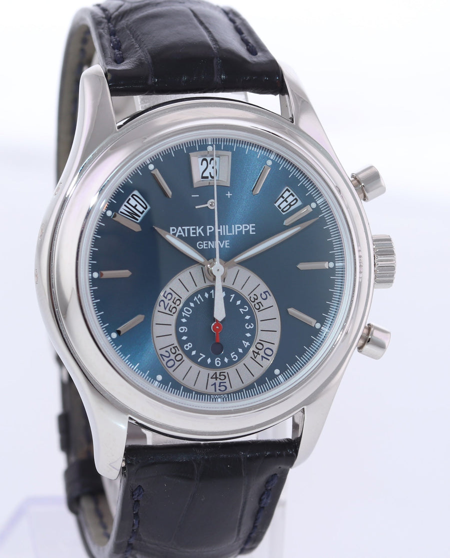 MINT Patek Philippe 5960P Platinum Chrono Blue Leather Annual Calendar 40.5mm Watch