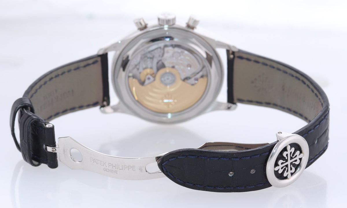 MINT Patek Philippe 5960P Platinum Chrono Blue Leather Annual Calendar 40.5mm Watch