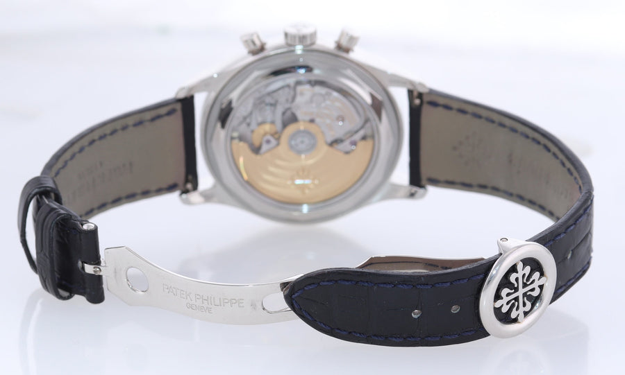 MINT Patek Philippe 5960P Platinum Chrono Blue Leather Annual Calendar 40.5mm Watch