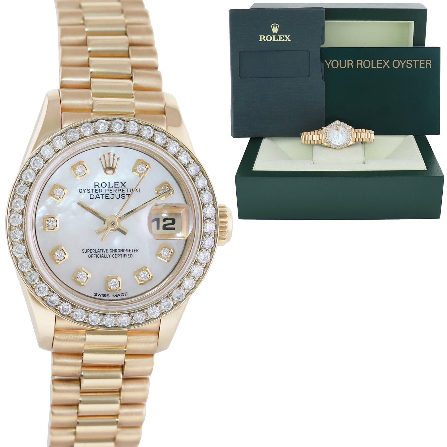 MOP Pearl Diamond Ladies Rolex DateJust President 26mm 69178 Yellow Gold Watch Box