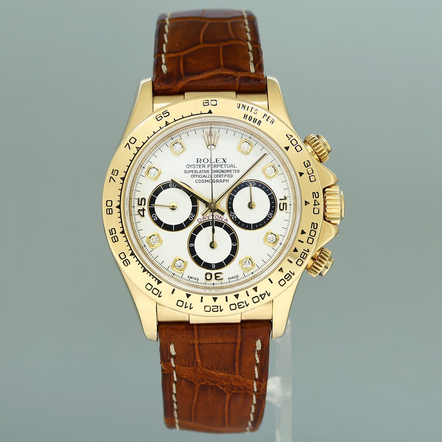 MINT Rolex Daytona Zenith 16518 White Diamond Chronograph Leather Yellow Gold Watch