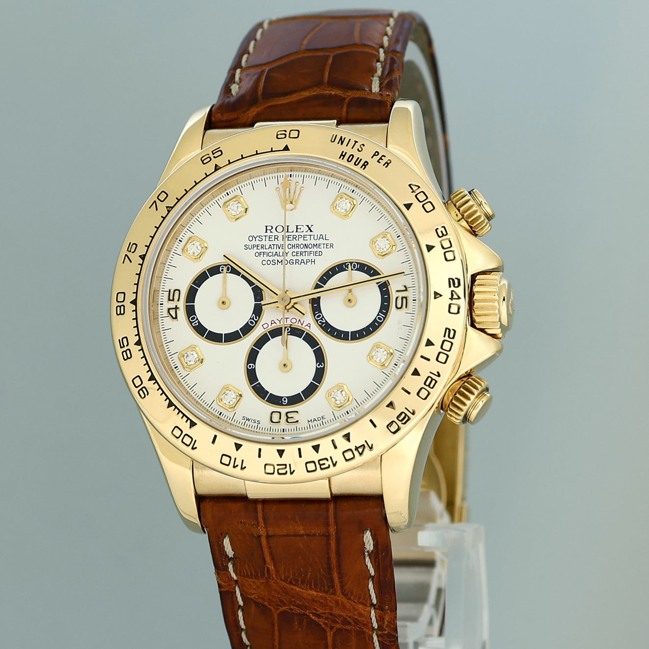 MINT Rolex Daytona Zenith 16518 White Diamond Chronograph Leather Yellow Gold Watch