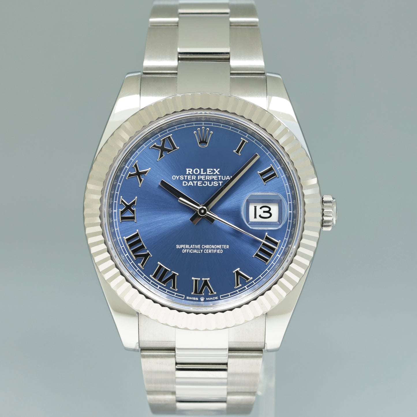 2023 NEW Rolex DateJust 41 Blue Roman Oyster White Gold Fluted 126334 Watch Box