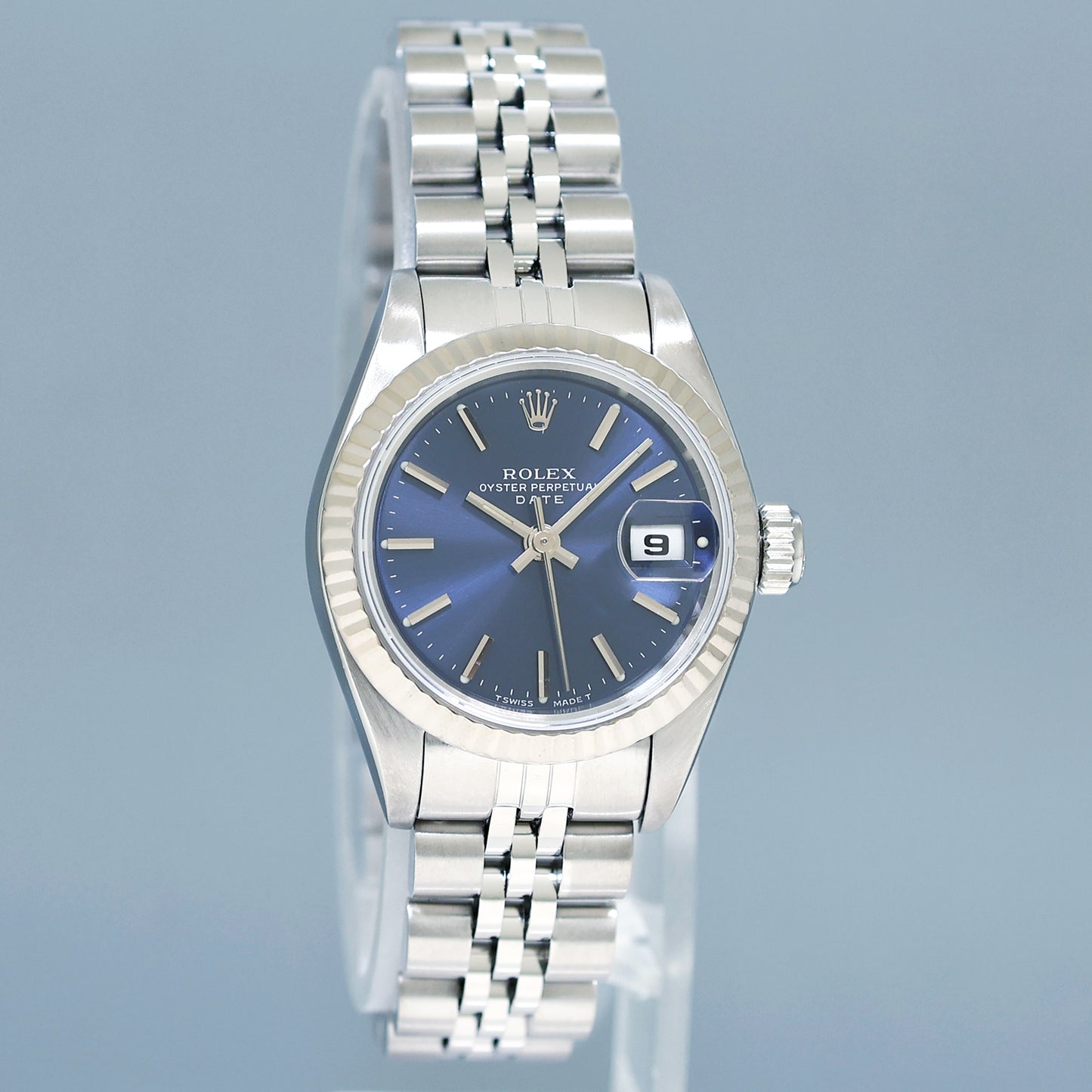 Ladies Rolex DateJust 26mm Blue Stick White Gold Fluted Steel Jubilee Watch 69174