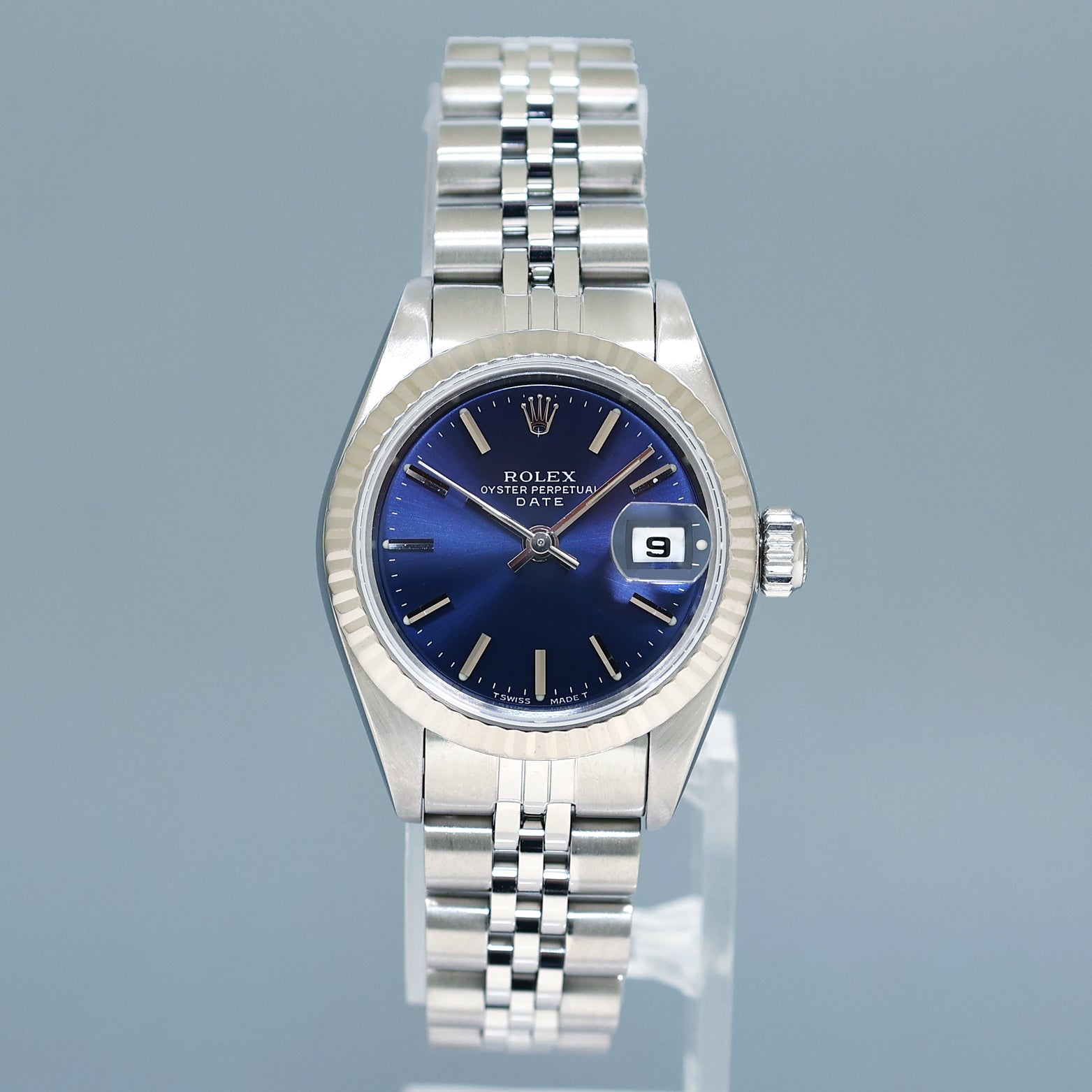 Ladies Rolex DateJust 26mm Blue Stick White Gold Fluted Steel Jubilee Watch 69174