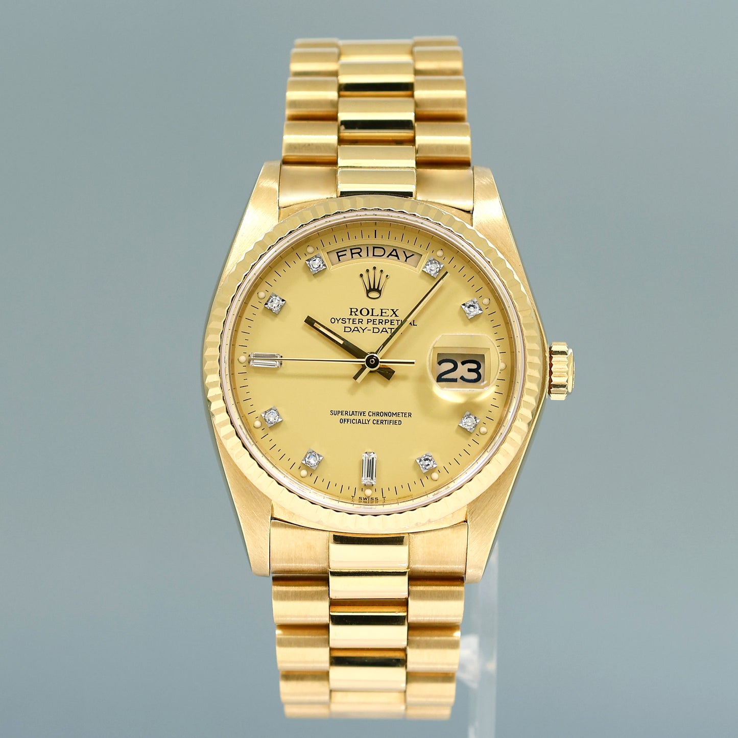 1982 PAPERS Rolex President Day-Date Diamond 18038 Quickset Yellow Gold Watch