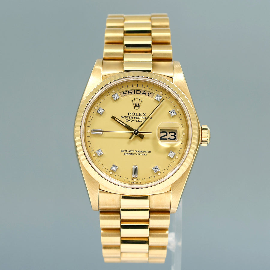 1982 PAPERS Rolex President Day-Date Diamond 18038 Quickset Yellow Gold Watch