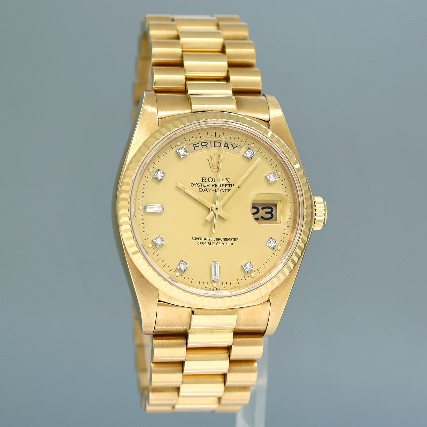 1982 PAPERS Rolex President Day-Date Diamond 18038 Quickset Yellow Gold Watch
