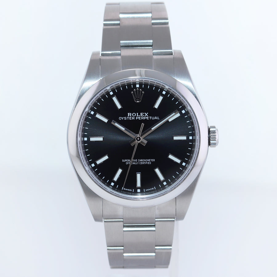 PAPERS 2019 MINT Rolex Oyster Perpetual 39mm Black Stick Oyster Watch 114300 Box