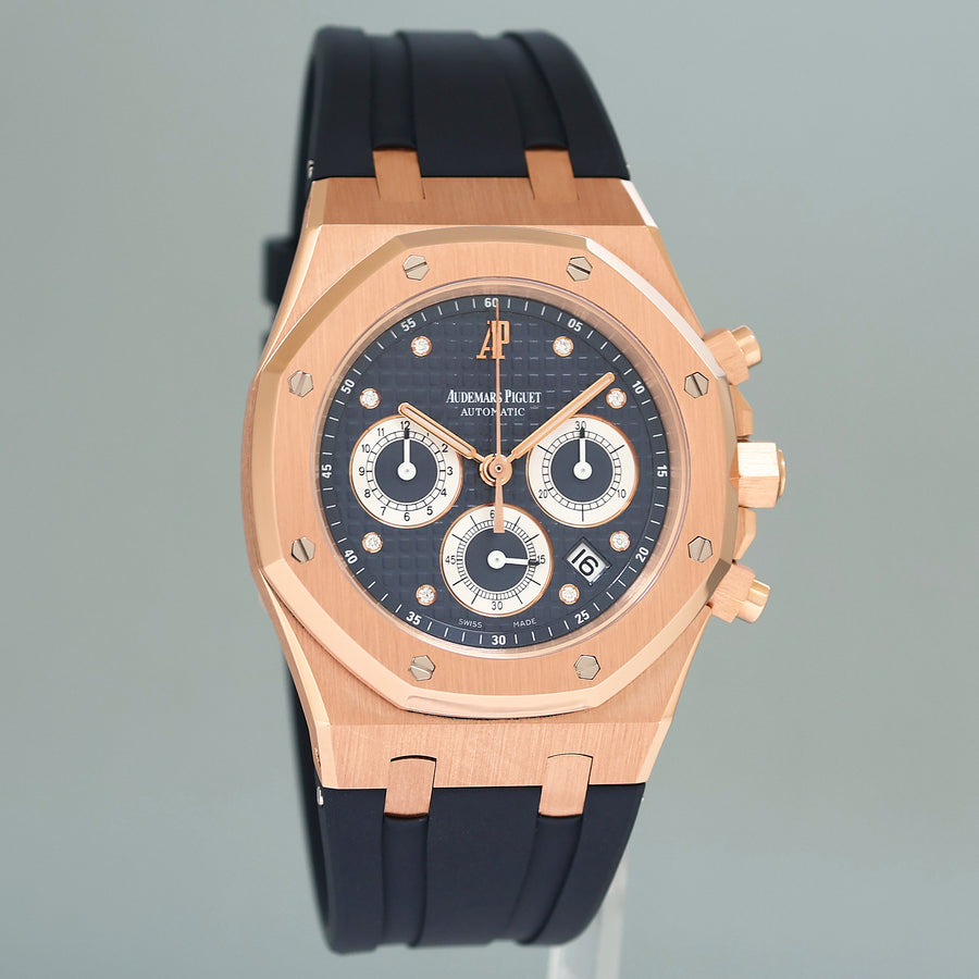 Audemars 39mm Piguet Rose Gold Blue Limited 100 "QE II CUP" Diamond 26277OR Watch