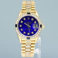 Full Diamond Ladies Rolex DateJust 79178 President 26mm 18K Yellow Gold Blue Dial Watch Box