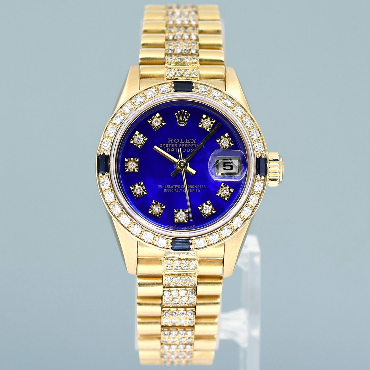 Full Diamond Ladies Rolex DateJust 79178 President 26mm 18K Yellow Gold Blue Dial Watch Box