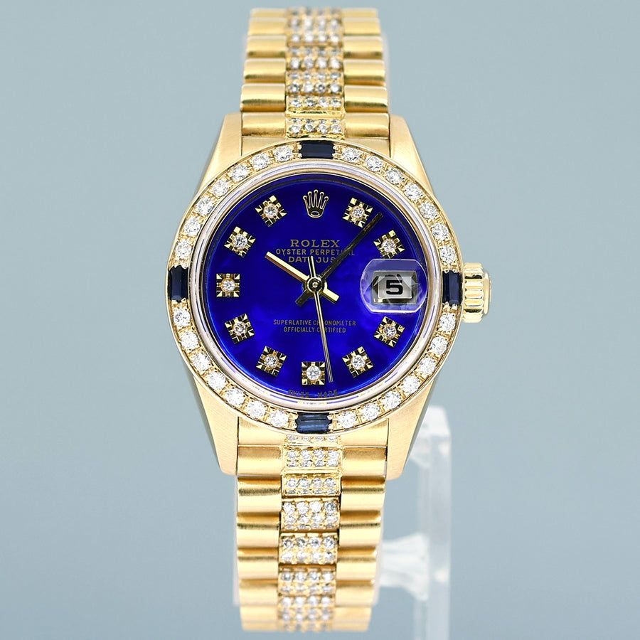 Full Diamond Ladies Rolex DateJust 79178 President 26mm 18K Yellow Gold Blue Dial Watch Box