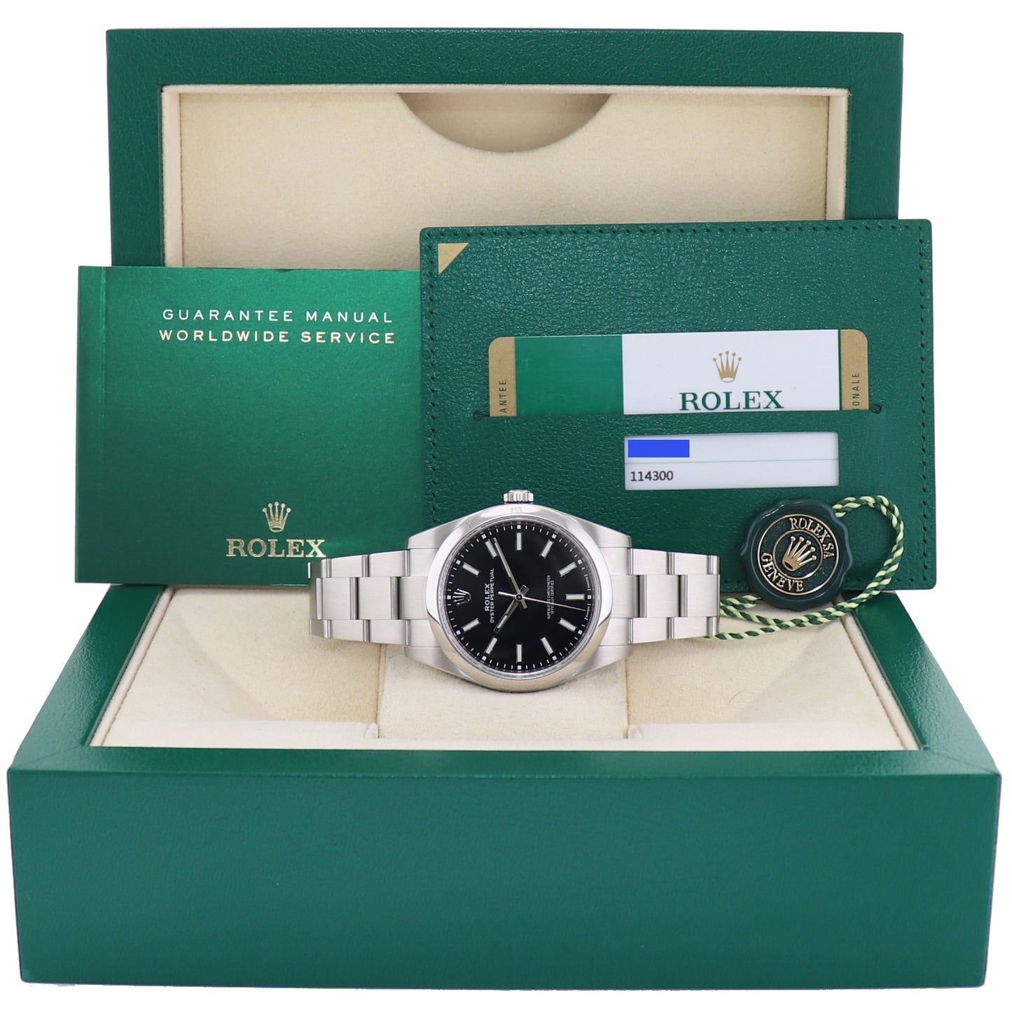 PAPERS 2019 MINT Rolex Oyster Perpetual 39mm Black Stick Oyster Watch 114300 Box