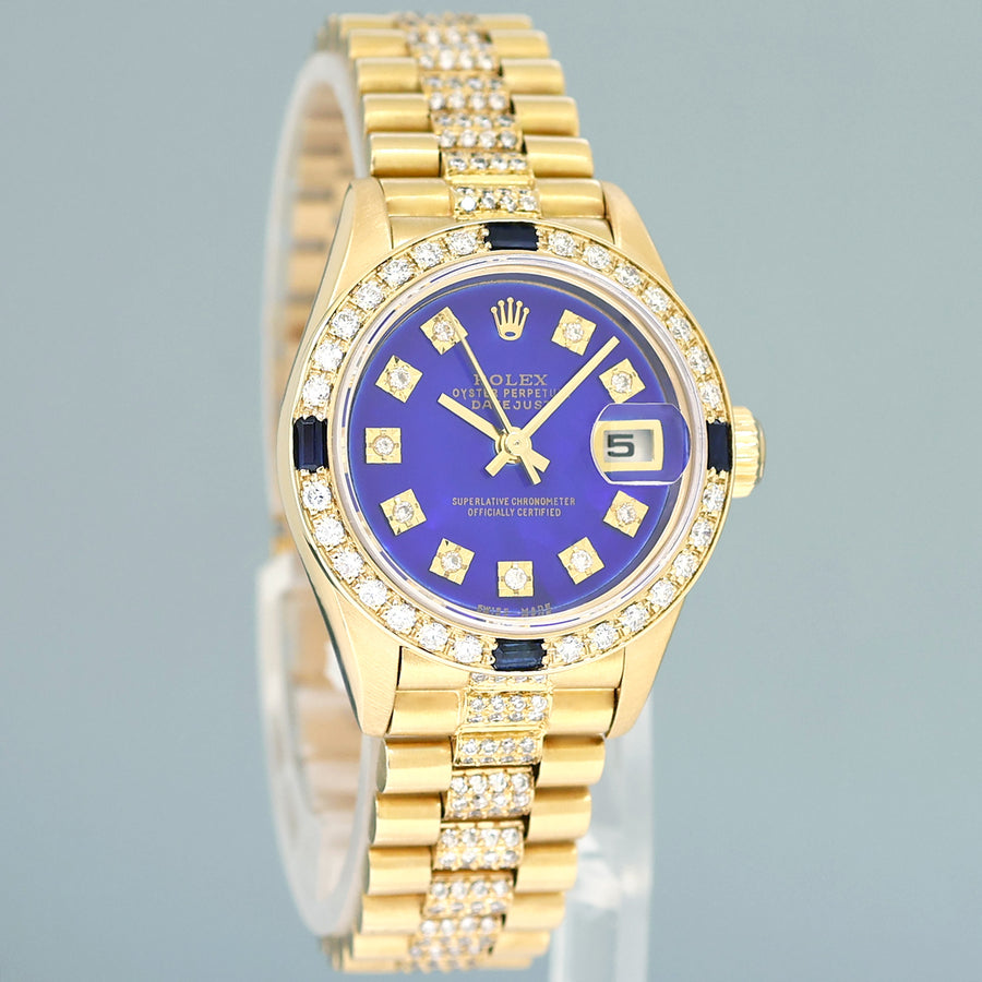 Full Diamond Ladies Rolex DateJust 79178 President 26mm 18K Yellow Gold Blue Dial Watch Box