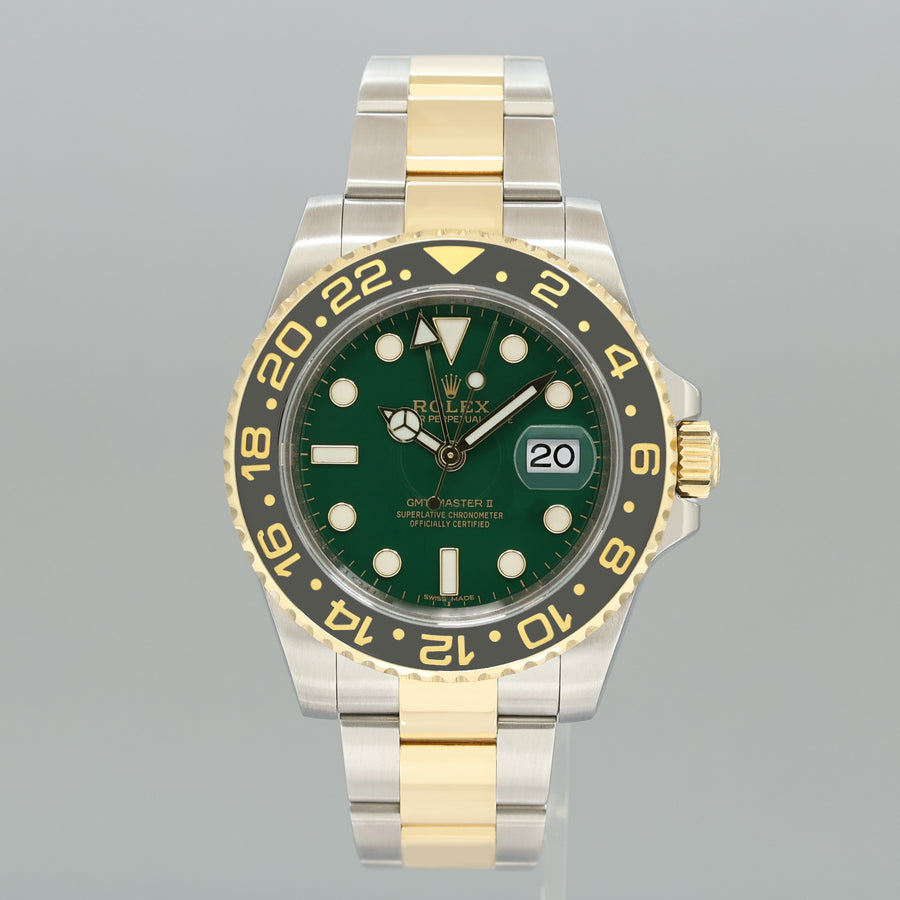 PAPERS Rolex GMT-Master II 2 Ceramic 116713 Green Dial Two Tone Steel Yellow Gold Watch