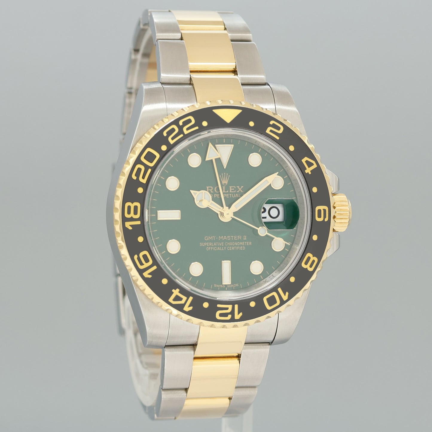PAPERS Rolex GMT-Master II 2 Ceramic 116713 Green Dial Two Tone Steel Yellow Gold Watch