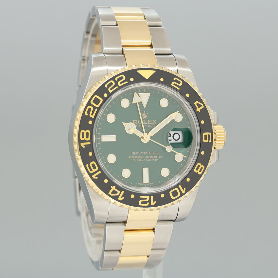 PAPERS Rolex GMT-Master II 2 Ceramic 116713 Green Dial Two Tone Steel Yellow Gold Watch