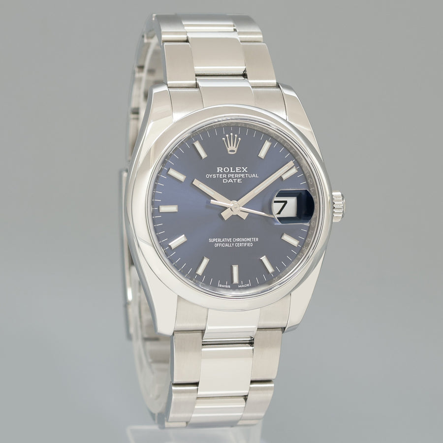 MINT Rolex Oyster 115200 Blue Stick Oyster Perpetual Date 34mm Watch Box
