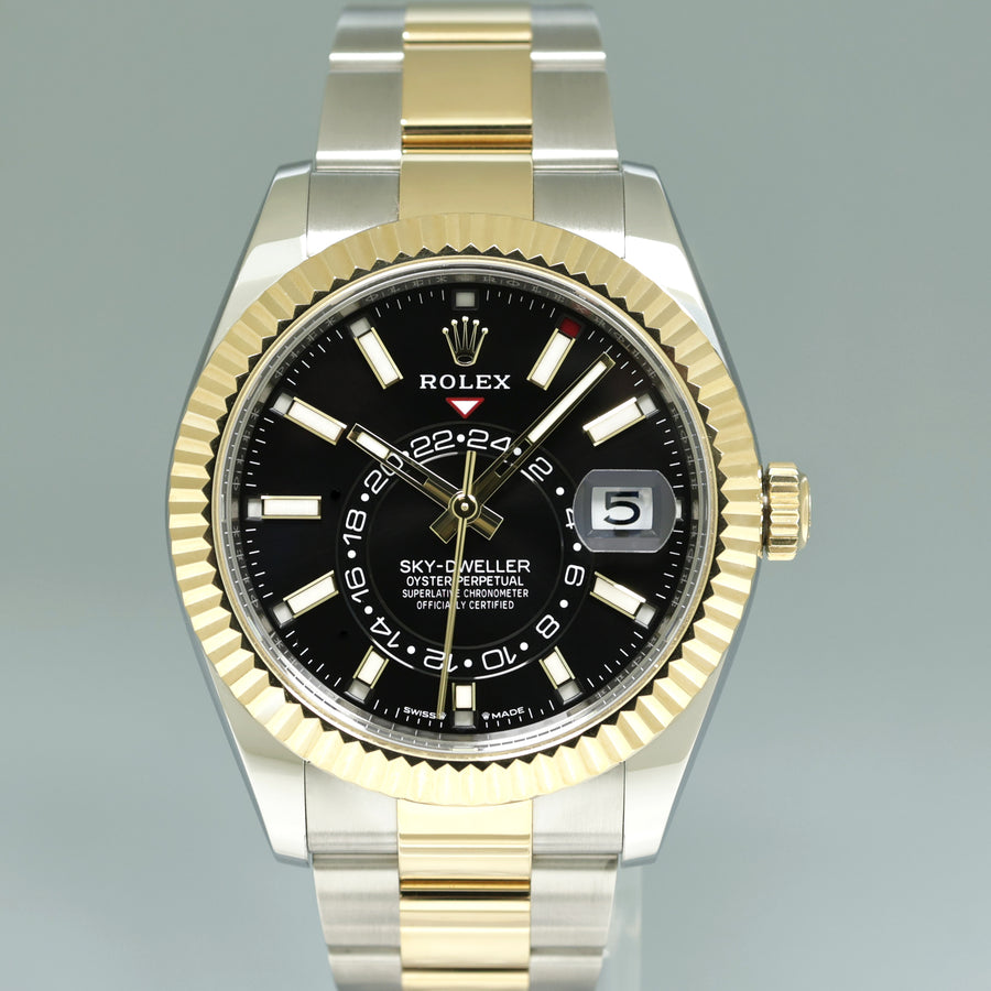 2024 NEW PAPERS Rolex Sky-Dweller Two Tone Gold Black Oyster 42mm 336933 Watch