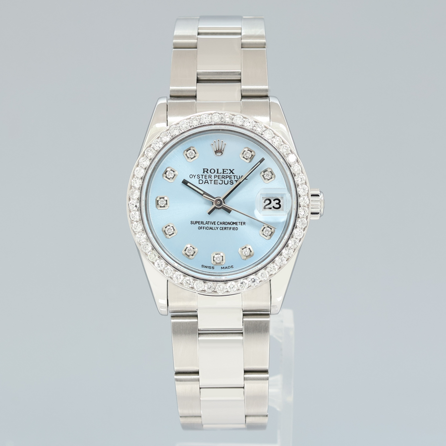 2001 Glacier Blue Diamond Ladies Rolex Midsize 31mm Datejust Oyster Steel 78240 Watch Box