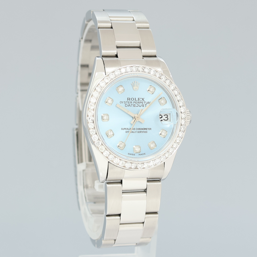 2001 Glacier Blue Diamond Ladies Rolex Midsize 31mm Datejust Oyster Steel 78240 Watch Box