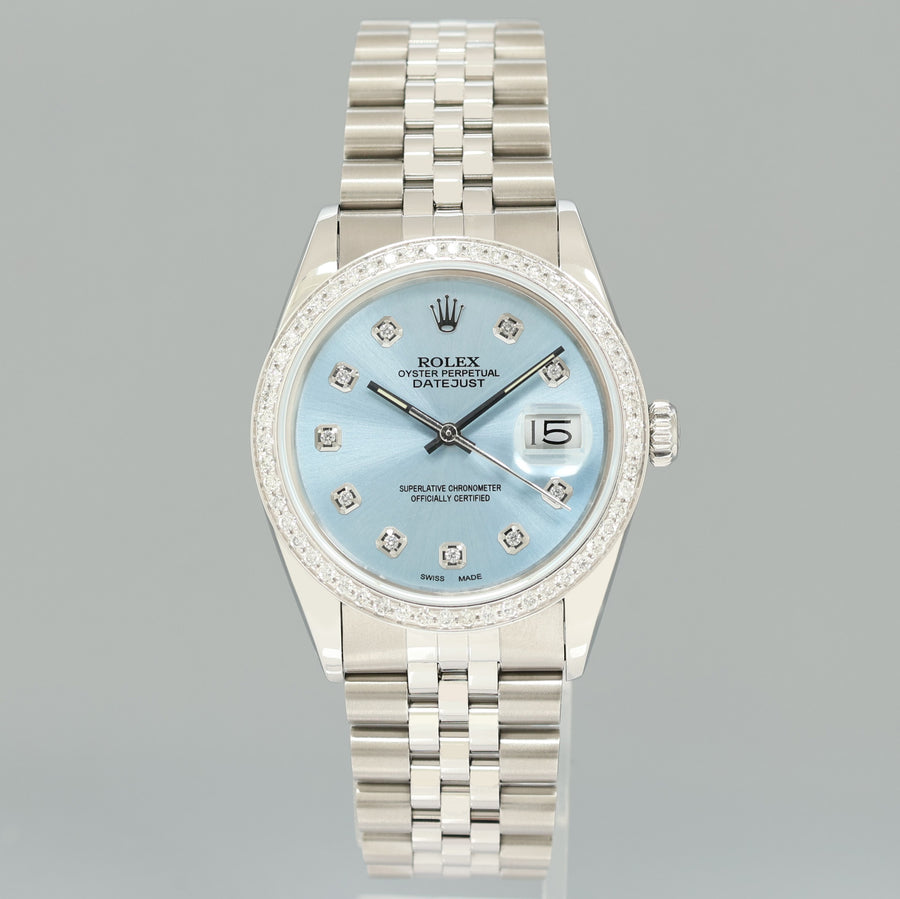 DIAMOND Bezel Rolex DateJust 36mm Glacier Blue Diamond 16030 Steel Watch Box